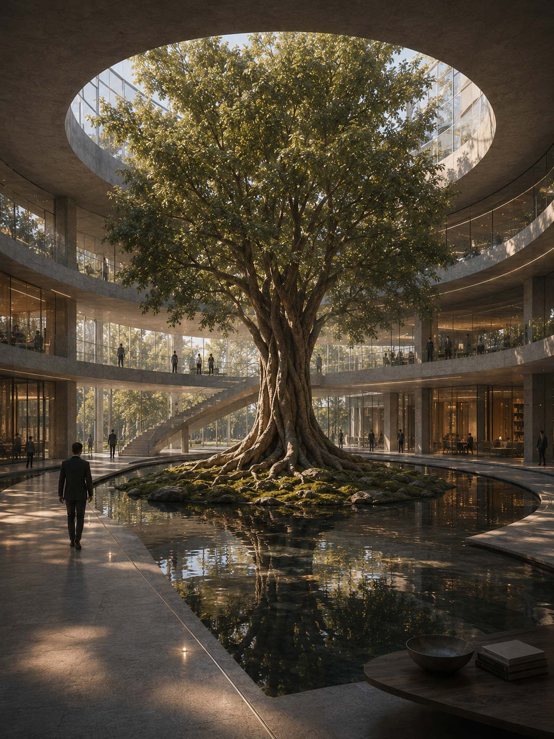 A visitor approaching the central tree and reflecting pool inside Wispo's open atrium