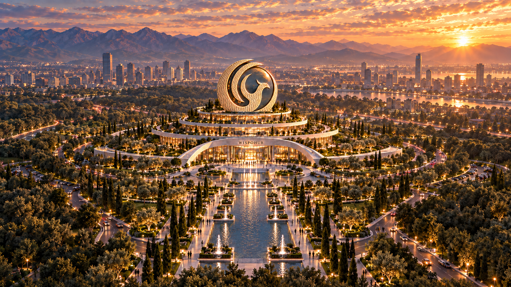 WispoHub at sunset, with its sculptural emblem above the terraced building and reflecting pools