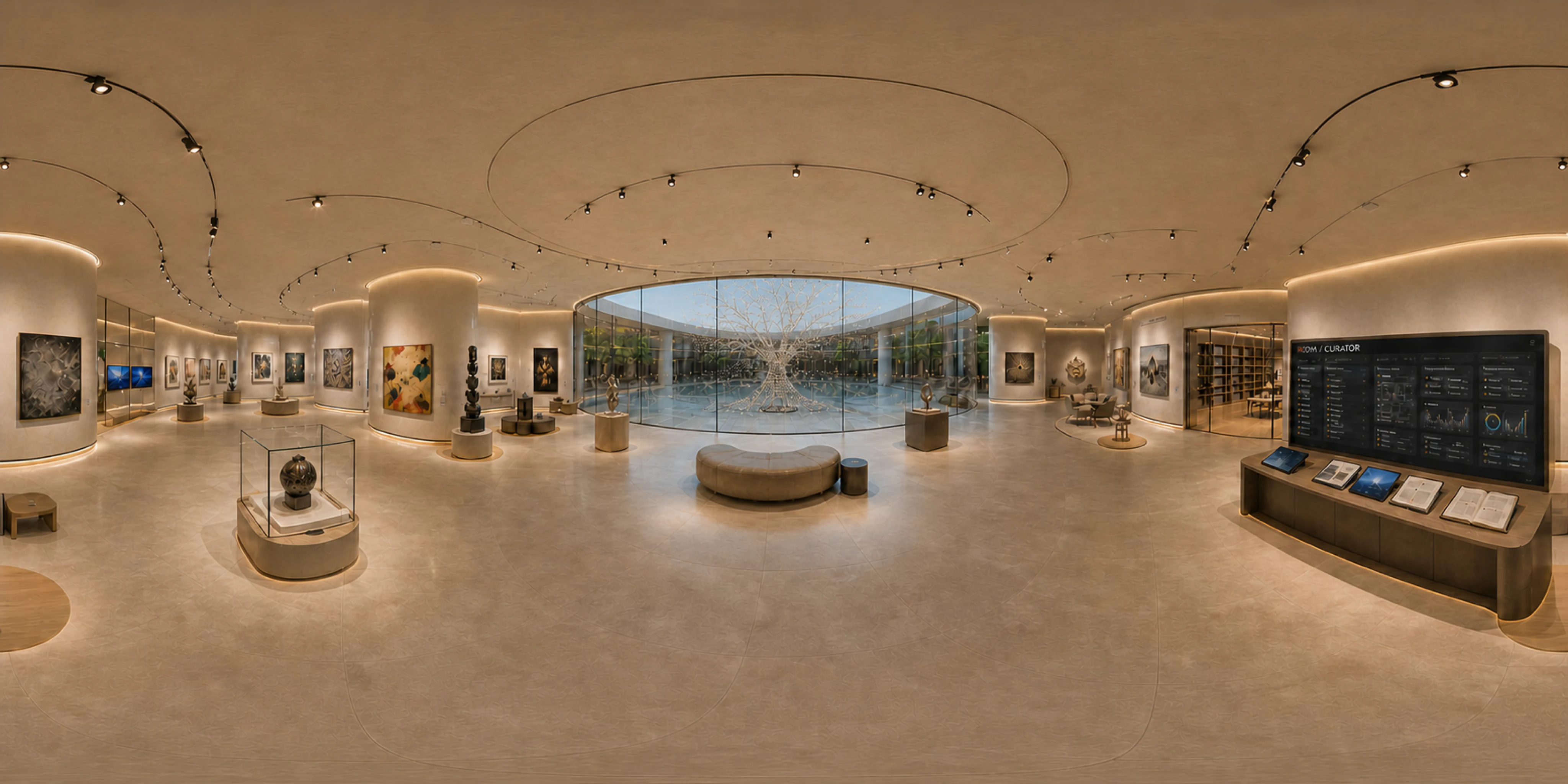 Wispo gallery with artworks, sculpture and a view into the shared atrium